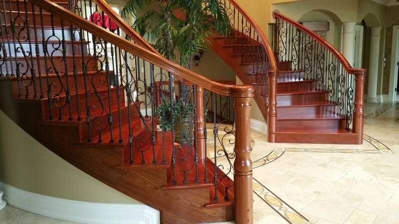 Stained and sealed hardwood staircase, treads and handrail, Southwest Florida